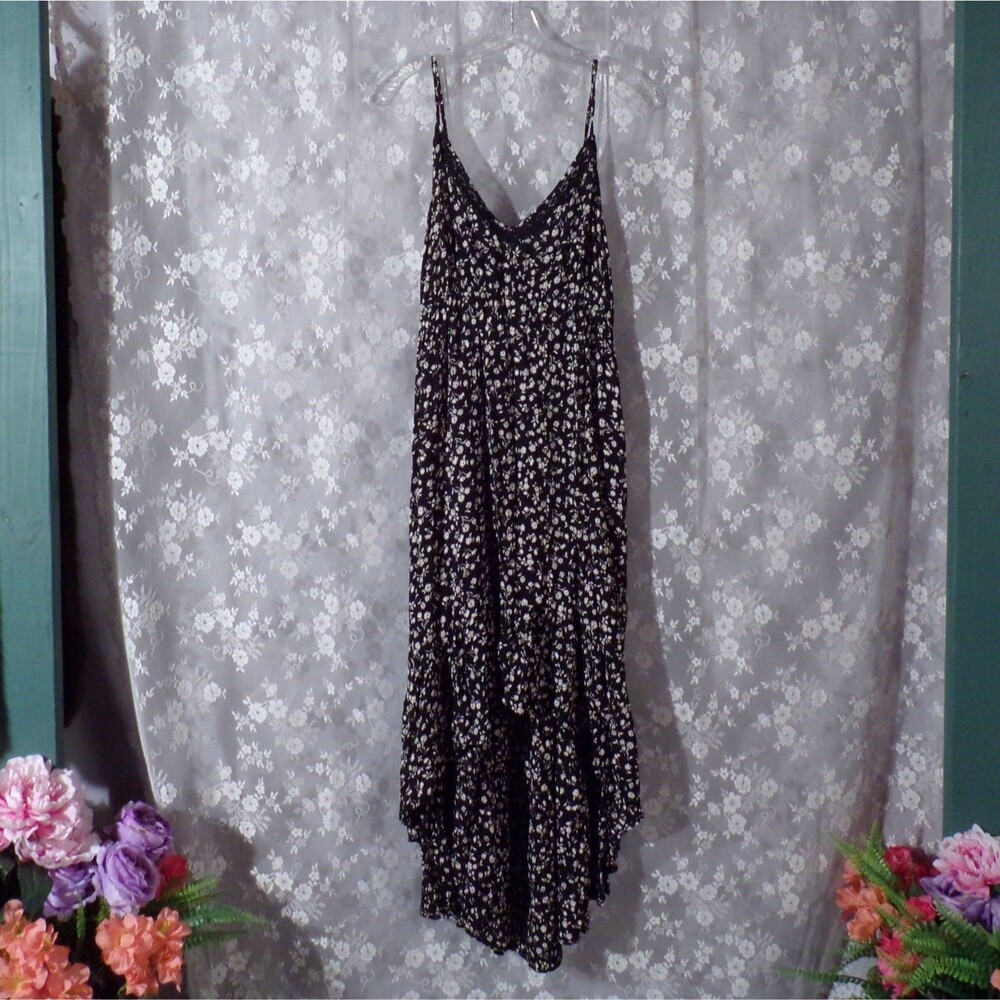 Angie Black & White Floral Rayon Maxi Dress Size Large Boho Hippie Summer